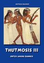 "THUTMOSIS III" unten "UNTER AMUNS BANNER". Oben "DIETRICH VOLKMER". Ägyptische Wandmalerei von drei Frauen in traditioneller Kleidung.