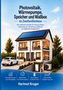 Text: „Photovoltaik, Wärmepumpe, Speicher und Wallbox im Zweifamilienhaus“. Illustration eines Hauses mit Solarzellen.
