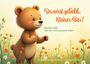 „Du wirst geliebt, Kleiner Bär! Bärchens Reise nach der Trennung seiner Eltern.“ Ein lächelnder Bär in einer Blumenwiese.