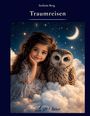 "Stefanie Berg, Traumreisen, 3H Edition." Ein Kind mit langer, dunkler Haare und eine Eule sitzen auf Wolken mit Sternenhimmel.
