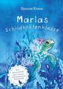 Text: „Simone Kraus. Marlas Schildkrötenklasse. Eine abenteuerliche Reise und eine außergewöhnliche Freundschaft.“  
Illustration: Eine Schildkröte und bunte Unterwasserpflanzen.