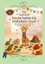 Text: "Gigi Tapferhals: Heute hatte ich trotzdem Spaß. Mutmachgeschichten für Kinder mit chronischen Erkrankungen."

Illustration: Eine niedliche Giraffe mit einem Schal umgeben von bunten Dinosauriern und einem Vulkanmodell in einem gemütlichen Raum.