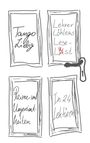 Vier Türtafeln mit Texten: "Tango Liebig", "Lehrer Löhleins Lese-Last", "Reime und Ungereimtheiten", "In 24 Lektüren".