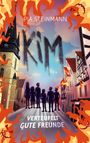 Pia Steinmann, "Kim: Verteufelt gute Freunde". Illustration mit brennenden, bunten Gebäuden und sechs Silhouetten von Personen.