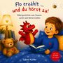 „Flo erzählt... und du hörst zu!“ Kinderbuch von Sabine Karner, roter Drache, lachender Junge im Bett mit Buch.