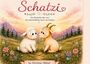 „Schatzi“ in geschwungener Schrift, darunter sitzen ein Lamm und eine Ziege in einer blumenreichen Berglandschaft.