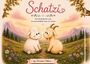 "Schatzi: Eine Geschichte über zwei, die unterschiedlicher kaum sein konnten." Illustration von Schaf und Ziege vor Bergen.