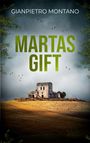 Texte: "GIANPIETRO MONTANO," "MARTAS GIFT". Eine Ruine auf einem Hügel, umgeben von Bäumen und fliegenden Vögeln.
