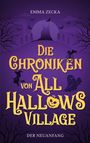 "DIE CHRONIKEN VON ALL HALLOWS VILLAGE" steht im Zentrum. Im Hintergrund eine Burg, Mond, Bäume, Fledermäuse.