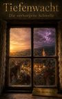 "Tiefenwacht: Die verborgene Schwelle" und "Maik van Merwyk" auf einem Fensterbrett, Ansicht einer abendlichen Stadt.