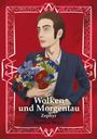 „Wolken und Morgentau, Zephyr, Monika Vogel“ steht auf einem roten Hintergrund. Illustration: Person in Anzug mit Blumen.