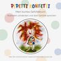 Text: Pipetti Konfetti. Mein buntes Gefühlebuch. Ausmalen, entdecken und über Gefühle sprechen. Illustration: Ein fröhliches Kind mit buntem Kleid und lockigem Haar.