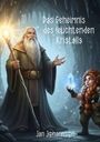 Text: "Das Geheimnis des leuchtenden Kristalls" und "Jan Johansson". Ein Zauberer mit Stab und ein Zwerg mit Kristall in einer Höhle.