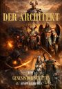 Texte: "DER ARCHITEKT", "BAND 4", "GENESIS DER SCHATTEN", "RENATO HILTBRUNNER". 

Szene: Krieger mit Rüstungen, mythologische Wesen, feurig-düstere Kulisse.