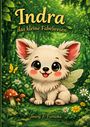 „Indra das kleine Fabelwesen“. Ein fröhliches, flauschiges Wesen mit Flügeln, umgeben von Wald, Blumen und Pilzen.
