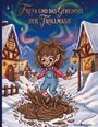 „Freya und das Geheimnis der Trollmagie“ steht oben. Ein fröhlicher Troll hüpft in einer Matschpfütze zwischen schneebedeckten Hütten.