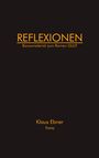 Text: "REFLEXIONEN. Bonusmaterial zum Roman GLUT. Klaus Ebner, Essay." Auf schwarzem Hintergrund in orange.