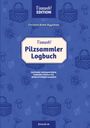 Cover eines Logbuchs mit Titel "Pilzsammler Logbuch", Text über Pilzdokumentation. Gezeichnete Körbe und Blätter.