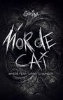 Der Text "Grim Morde Cái" und "Where Fear Turns to Hunger". Dunkles, verwobenes Muster im Hintergrund, mystisch wirkend.