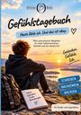 "Gefühlstagebuch" und "Heute fühle ich. Und das ist okay." Ein Junge sitzt auf einem Felsen, blickt auf einen Sonnenuntergang.