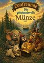 "Zoofreunde: Die geheimnisvolle Münze." Fröhliche Tiere um eine Schatzkiste, im Hintergrund ein Schiff und Berge.