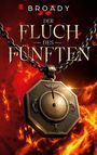 „Der Fluch des Fünften.“ Kettengeschmücktes, achteckiges Medaillon vor flammendem, dunkelrot-orangenem Hintergrund.