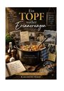 Ein großer Topf mit Eintopf, Text: "Kochen ist Liebe, die man schmecken kann". Fotos, Notizen, Gewürze und Gemüse umgeben ihn.