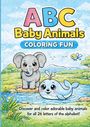 "ABC Baby Animals COLORING FUN. Discover and color adorable baby animals for all 26 letters of the alphabet!" Illustration: Ein kleiner Elefant und ein lächelnder Wal stehen in einer bunten Landschaft mit Fluss.