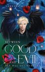 Text: "Vanessa M. J. Dicke, Between Good and Evil, Der Weg des Mentors." Illustration eines Mannes mit schwarzen Flügeln.