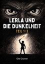 "Lerla und die Dunkelheit Teil 1-3, Ole Grüner." Große Augen im Hintergrund, ein Kind hebt ein Schwert empor.