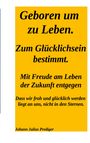 Gelber Hintergrund mit schwarzem Text: Motivationsspruch über Lebensfreude und Glück, signiert mit Johann Julius Prediger.