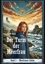 „Frauke König, Der Turm der Meerfrau, Band I – Meerfrauen Zyklus.“ Illustration: Frau mit rotem Haar an einem stürmischen Meer.