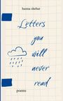Text: "hanna shebar", "Letters you will never read", "poems". Illustration mit Wolke und Regen auf kariertem Hintergrund.