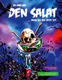 "Da habt ihr den Salat ... denn ich bin jetzt tot." Illustration: Totenkopf in Salatschüssel, Krähen und bunte Farben.