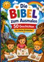 Text: "Die Bibel zum Ausmalen: 50 Geschichten für kleine Entdecker." Illustration mit Kindern, Tieren und einer Arche.
