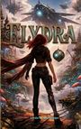 Text: "ELYDRA", "Linda M. M. Hirsiger". Eine Frau mit rotem Haar blickt auf eine futuristische Stadt mit fliegenden Schiffen.