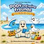 „Pody und seine Freunde: Band 1 – Abenteuer am Meer“ steht oben. Unten: „Ein Mitmachbuch für kleine Entdecker“. Am Strand sitzen fröhliche Figuren: ein beige Wesen mit Buch, eine winkende Welle, ein Krebs, eine Möwe, und eine Schnecke mit Buch. Links ein Leuchtturm.