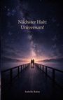 Text: "Nächster Halt: Universum!" und "Isabelle Rahm". Illustration: Zwei Personen auf Steg, sternenklare Nacht mit Nebel.