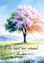 "Du lebst nur einmal" in geschwungener Schrift. Illustration eines Baumes mit bunten Blüten vor einem Bergpanorama.