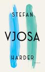 Text: "STEFAN VJOSA HARDER ROMAN". Zwei breite, vertikale Pinselstriche in Blau und Grün auf hellem Hintergrund.