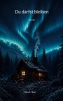 Du darfst bleiben. Novelle von Elina R. Skub. Eine Hütte im verschneiten Wald, Nordlichter leuchten am Nachthimmel.