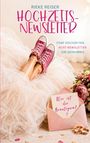 „Hochzeits-Newsletter“, „Wer ist der Bräutigam?“; rosa Schuhe auf Tüll, Umschlag, Blumen und Ringe.