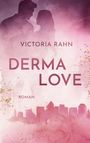 „Victoria Rahn“, „Derma Love“, „Roman“. Silhouette eines Paares vor rosa-hinterlegtem Stadtbild mit goldenen Sprenkeln.