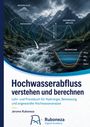 „Niederschlag, Einzugsgebiet, Abfluss“; stürmische Bergszenerie mit Fluss und Diagrammen; Buchcover über Hochwasseranalyse.