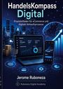 „HandelsKompass Digital“, Praxisleitfaden für eCommerce, Jerome Ruboneza. Laptop mit Statistiken, Stadt-Silhouette.
