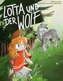 „Lotta und der Wolf“: ein Mädchen in rotem Pullover versteckt sich in einem Wald, beobachtet von einem Wolf.