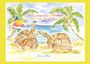 "Turtle Amandas Abenteuer auf den Seychellen." Zwei Schildkröten am Strand, eine mit einer Figur auf dem Rücken. Palmen und Meer im Hintergrund.