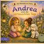 "Andrea und die vertauschten Tage", Illustration mit zwei Kindern, einem Hund und einem Waldweg bei Sonnenuntergang.