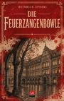 "HEINRICH SPOERL. DIE FEUERZANGENBOWLE." Historische, beleuchtete Schulgebäude-Illustration mit rotem Hintergrund.