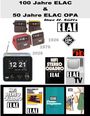 100 Jahre ELAC & 50 Jahre ELAC OPA. Verschiedene Retro-Elektronikgeräte und Logos, 1926–2026. Unten ELAC HiFi-Programme.